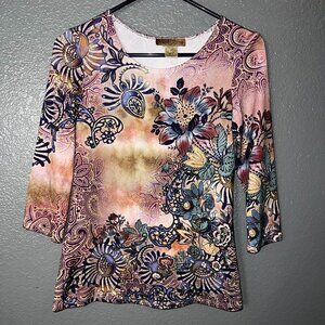 Notations Women’s Multicolor Floral Paisley Print Top Size S 3/4 Sleeve Scoop Ne